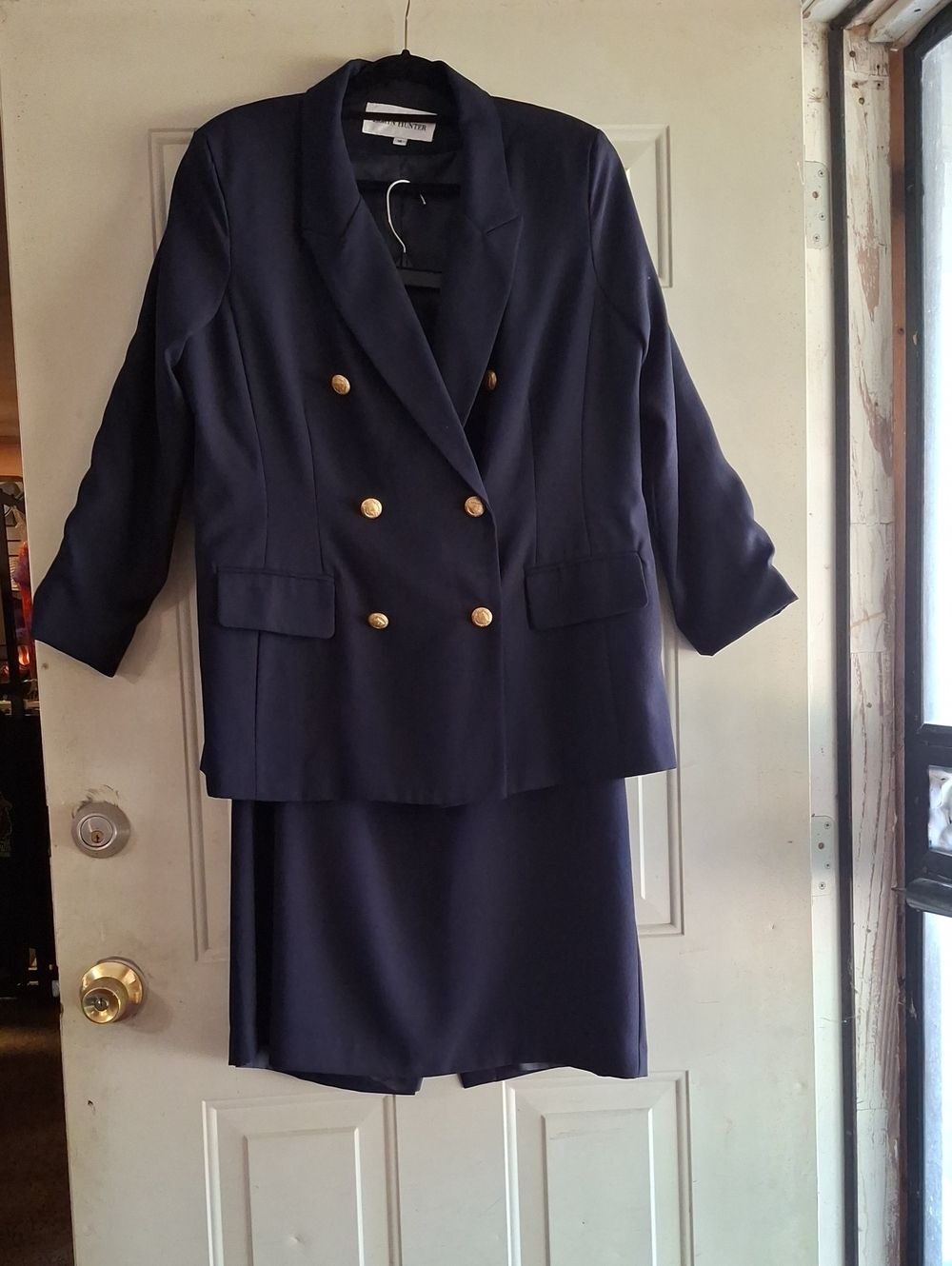 Elegant Navy Double-Breasted Women's Blazer Jacket with Gold Buttons